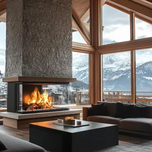 Modern Chalet Featuring a Double-sided Stone Fireplace