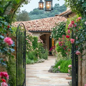 Gated Entry With Lantern-style Lighting