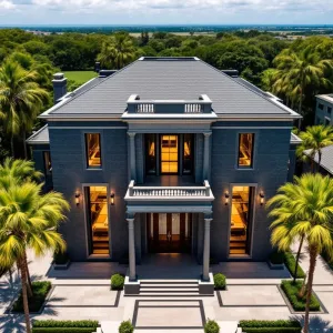 Majestic Concrete Manor with Palm Guardians