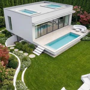 Poolside Garden Cube With Curved Lawns