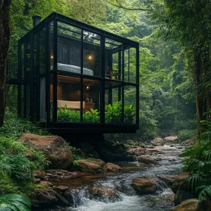 Glass Cabin Over a Creek