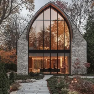 Elegant Stone Haven with Dramatic Window Wall
