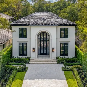 Opulent Facade with Verdant Hedges