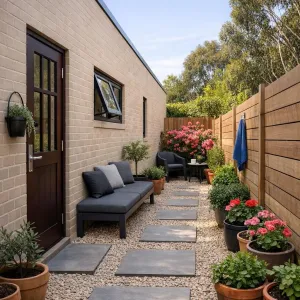 Slim Sideyard Retreat With Potted Blooms