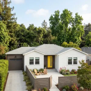 Sunny Courtyard Entry With Bold Yellow Door