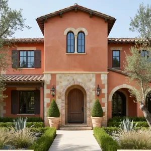 Coral Stucco Tower With Stone Trim