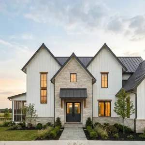 Gabled Stone Haven With Metal Accents