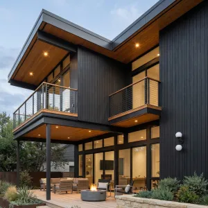 Cantilevered Ebony Retreat With Golden Soffits