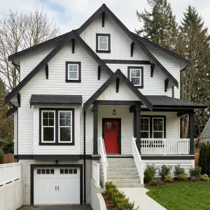 Red Door Gable Home With Black Roof