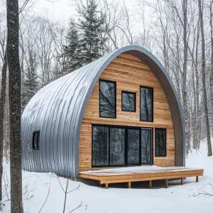 Quirky Quonset Cabin Under Snowy Skies