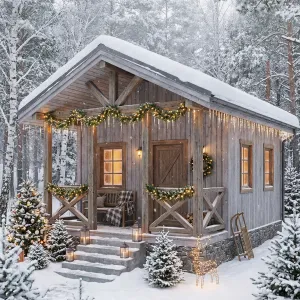 Cozy Firline Winter Porch Cabin