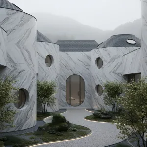 Circular Oasis: Stone Facade Whimsy