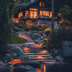Preview of Cozy Lakefront Cottage Illuminated at Dusk