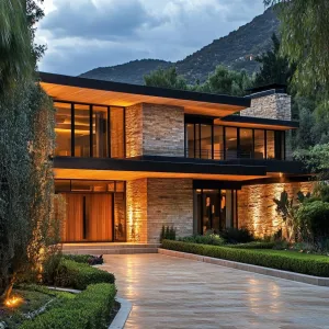 Stone and Glass Retreat in Sunset Splendor