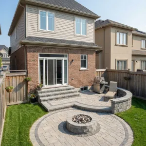 Suburban Brick Patio With Circular Hearth