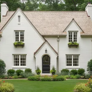 A White Brick Cottage with a Flare of Green