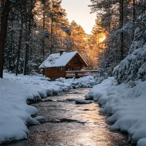 Cozy Cabin by the Winter Stream