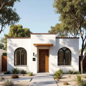 Desert Dreamscape: Minimalist Stucco Cottage with Chic Arched Windows