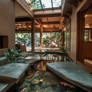 Indoor Koi Pond With a Small Bridge