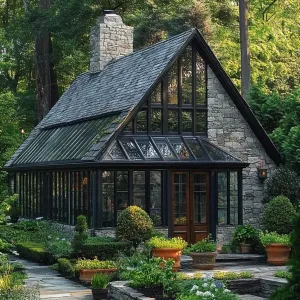 Mystical Stone Chalet with Glass Elegance
