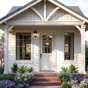 Whimsical Ivory Cottage with Brick-Red Steps and Blossoming Borders
