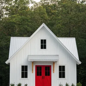 White Cottage with a Pop of Red