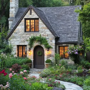 Whimsical Stone Cottage Surrounded by Blooming Bliss