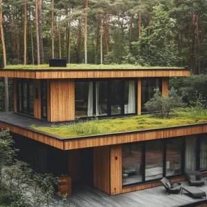 Minimalist Wooden Lodge With Green Roofing
