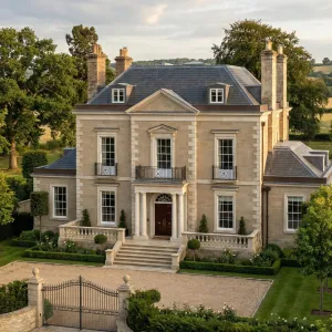 Country Palladian Stone Crest Manor