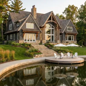 Gabled Lake Manor With Curved Landing