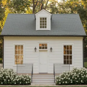 Crisp White Cottage Under Golden Trees