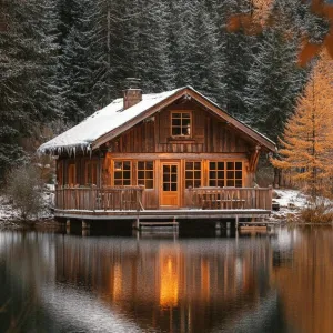 Cabin Glow Reflected on Ice-Capped Waters