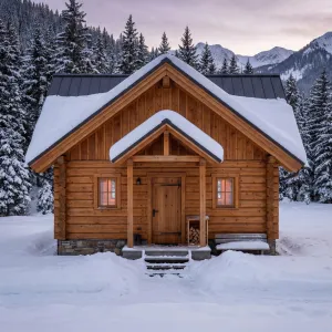 Alpine Log Refuge At Dusk