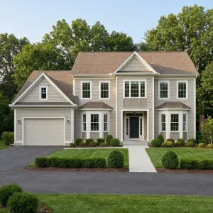 Greige Siding Colonial Suburban Ease