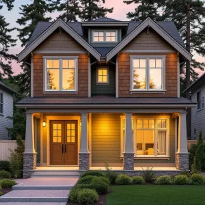 Woodland Lantern: Two-Story Cedar Cottage with Golden Glow