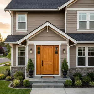 Inviting Suburban Entry With Golden Wood