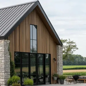 Rustic Metal Haven with a Stone Facade