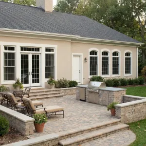 Terraced Brick Patio With Outdoor Kitchen