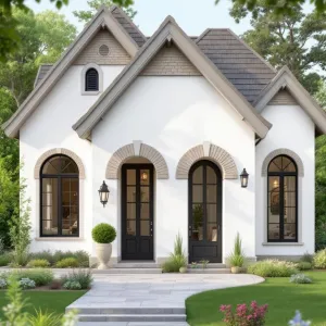 Gatsby Morning: Arched Window Cottage with Dapper Black Doors