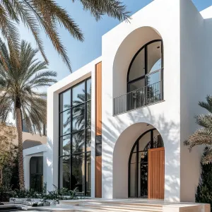 Whitewashed Wonder with Arches and Palms