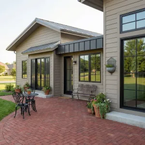 Brick Terrace Beside Modern Farmhouse Facade