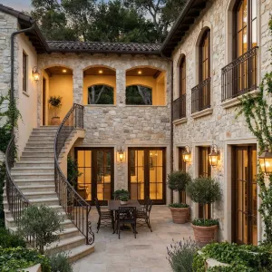 Terraced Stone Courtyard With Curved Stair