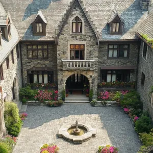 Whimsical Stone Chateau with Courtyard Fountains