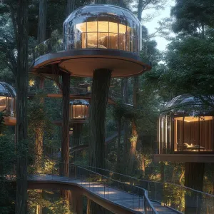Treehouse Village Interconnected By Rope Bridges