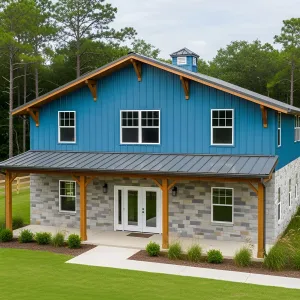 Blue Barn Oasis Under a Playful Sky