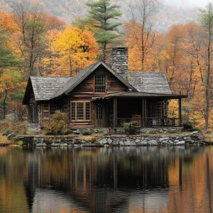 Rustic Reflection: Log Cabin by Autumn Lake