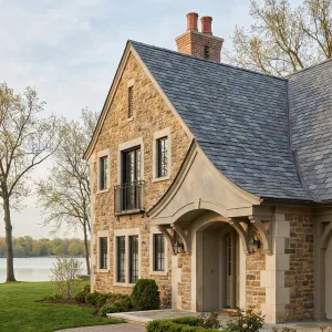 Lakeside Slate-Roof Stone Retreat