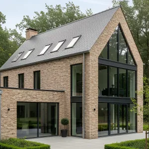 Contemporary Brick Retreat with Lofty Peak