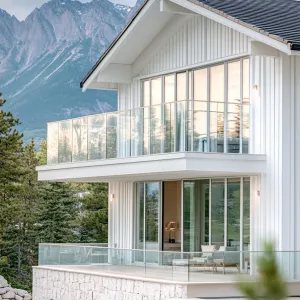 Whitewashed Wood Siding With Glass Balconies