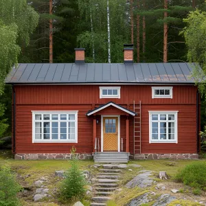 Traditional Crimson Cabin Nestled in Evergreen Embrace